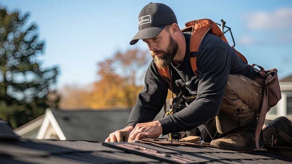 A homeowner clearing leaves and branches from shingles on a sloped residential roof with visible trees in the background.