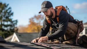 A homeowner clearing leaves and branches from shingles on a sloped residential roof with visible trees in the background.