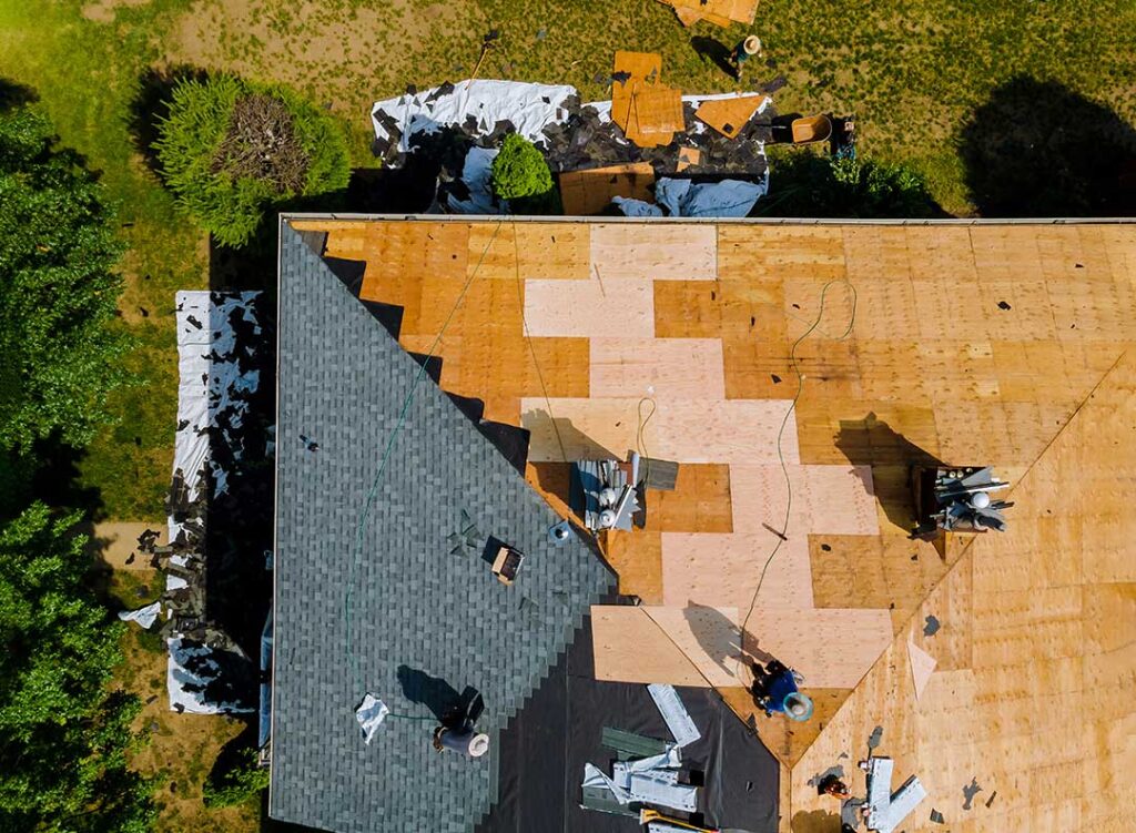 A homeowner examining dark streaks and green patches on grey rooftop shingles during daylight.